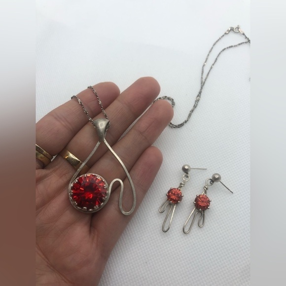 VTG Sterling Abstract Reddish Orange Stone Necklace & Earrings Set 23”+ 2” 1.5” - Picture 3 of 9
